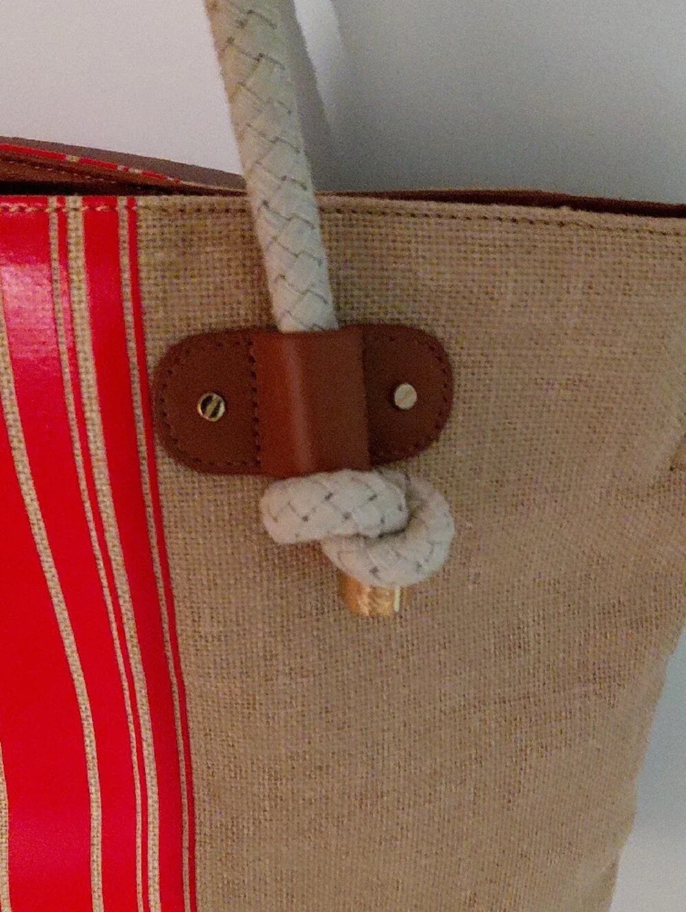 (Rare)Tory Burch Beige Canvas Tote with Red Stripe and Logo